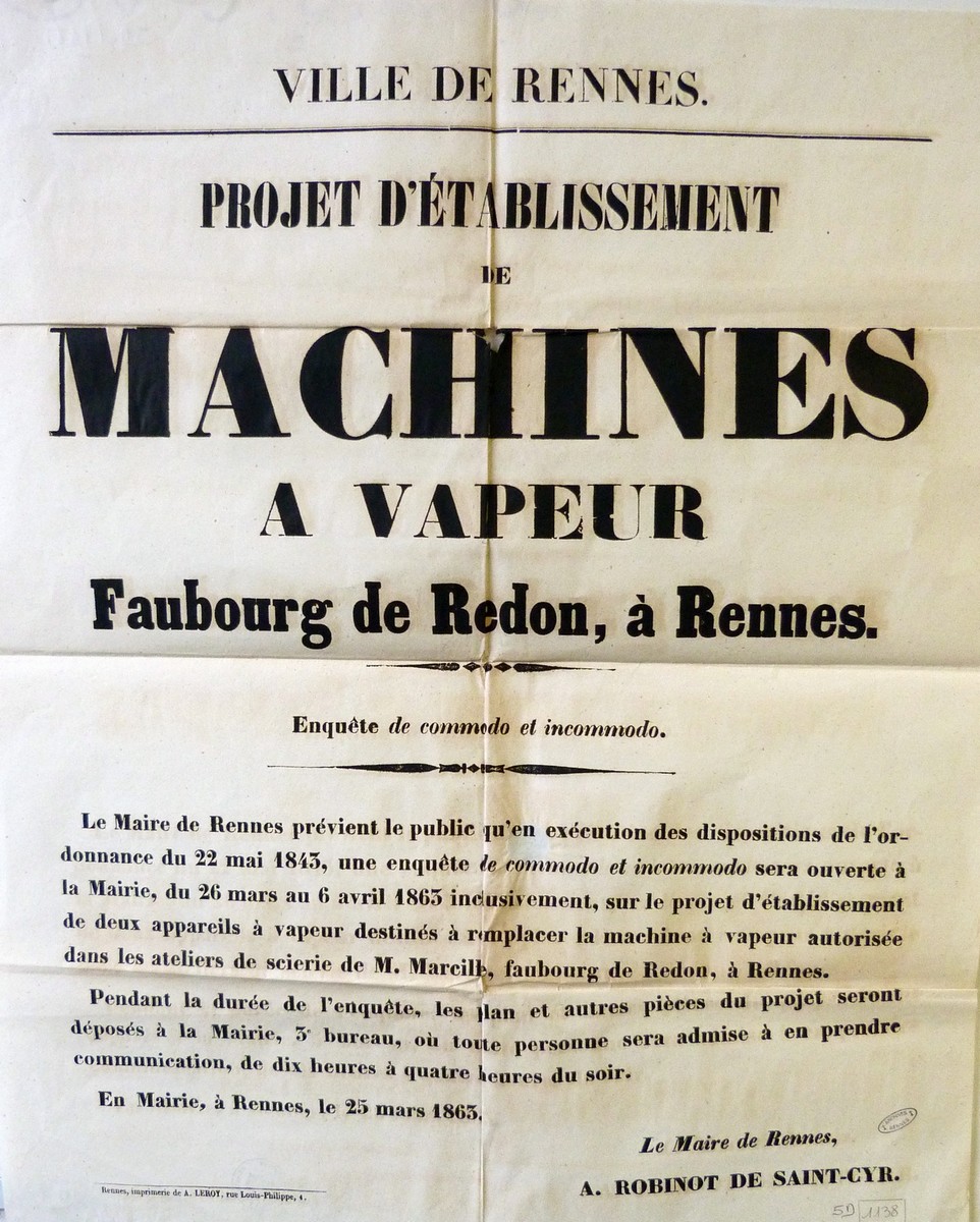 Etablissement d'une machine à vapeur pour les ateliers du faubourg de Redon, 25 mars 1863. Rennes Imprimeries Leroy 56x44 Archives Municipales de Rennes,Affiche administrative, 5D1138