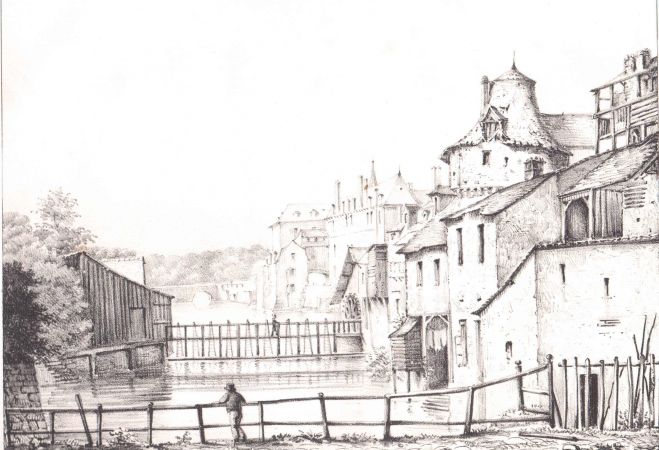 Vus de l'est, les moulins de la Poissonnerie, avec à droite un peu en avant, la tour d'Apigné (d'après H. Lorette).
