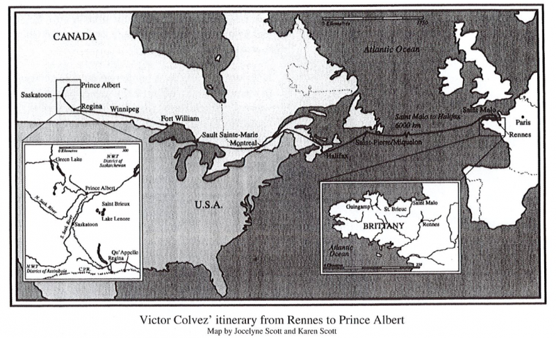Fichier:Itinéraire de Victor Colvez de Rennes à Prince Albert (Saskatchewan).png