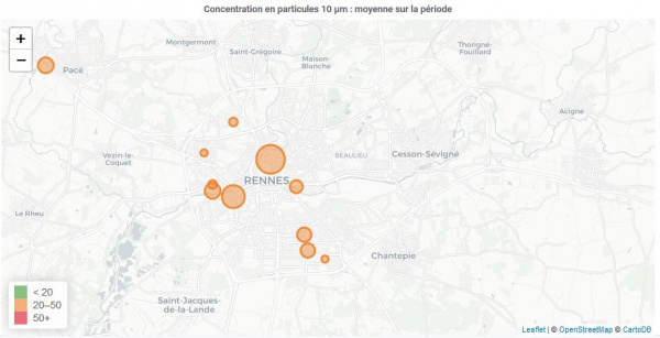 Carte de chaleur des PM10 à Rennes